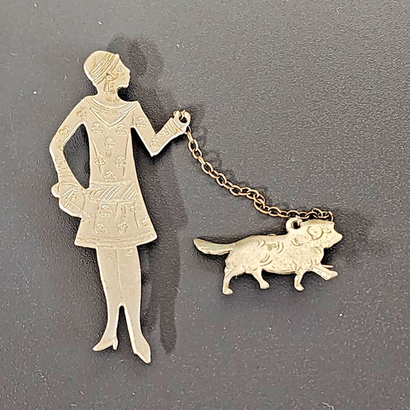 Vogue Jewelry - Art Deco Lady Walking Dog Brooch Lapel Pin Silver Tone Vogue Style 1920s Vintage